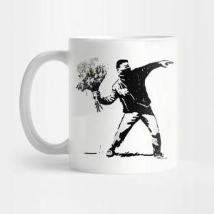 Captivating Banksy-Inspired Artwork: Man Throwing a Bouquet Mug